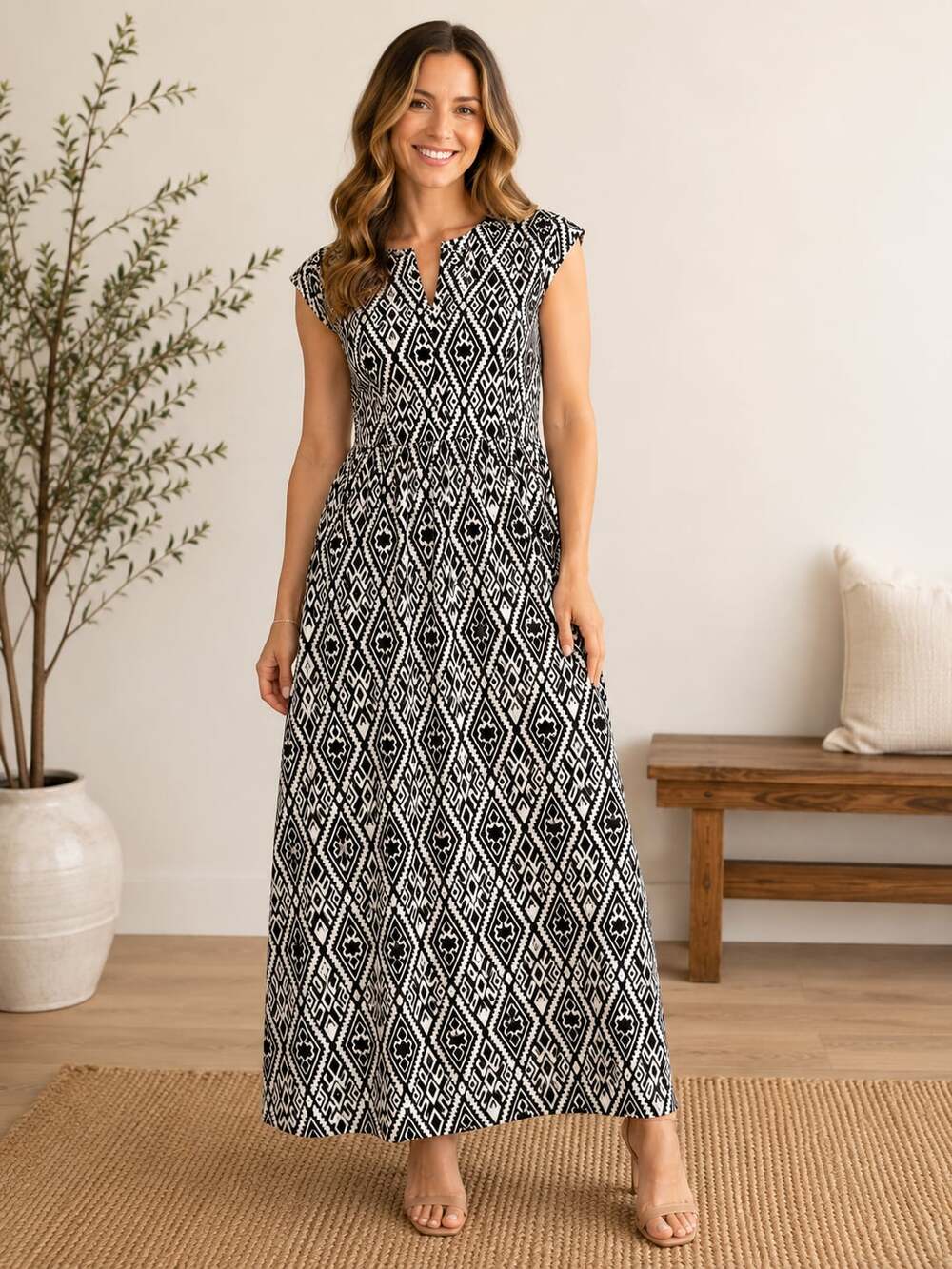 Mikarose Black and White Geometric Print Short Sleeve Maxi Dress